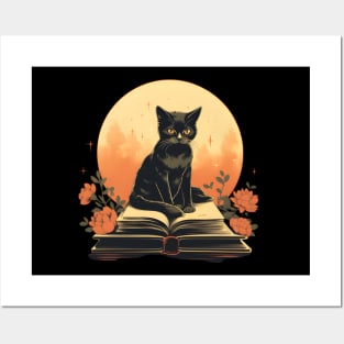 Floral Black Cat And Book Catshirt Posters and Art